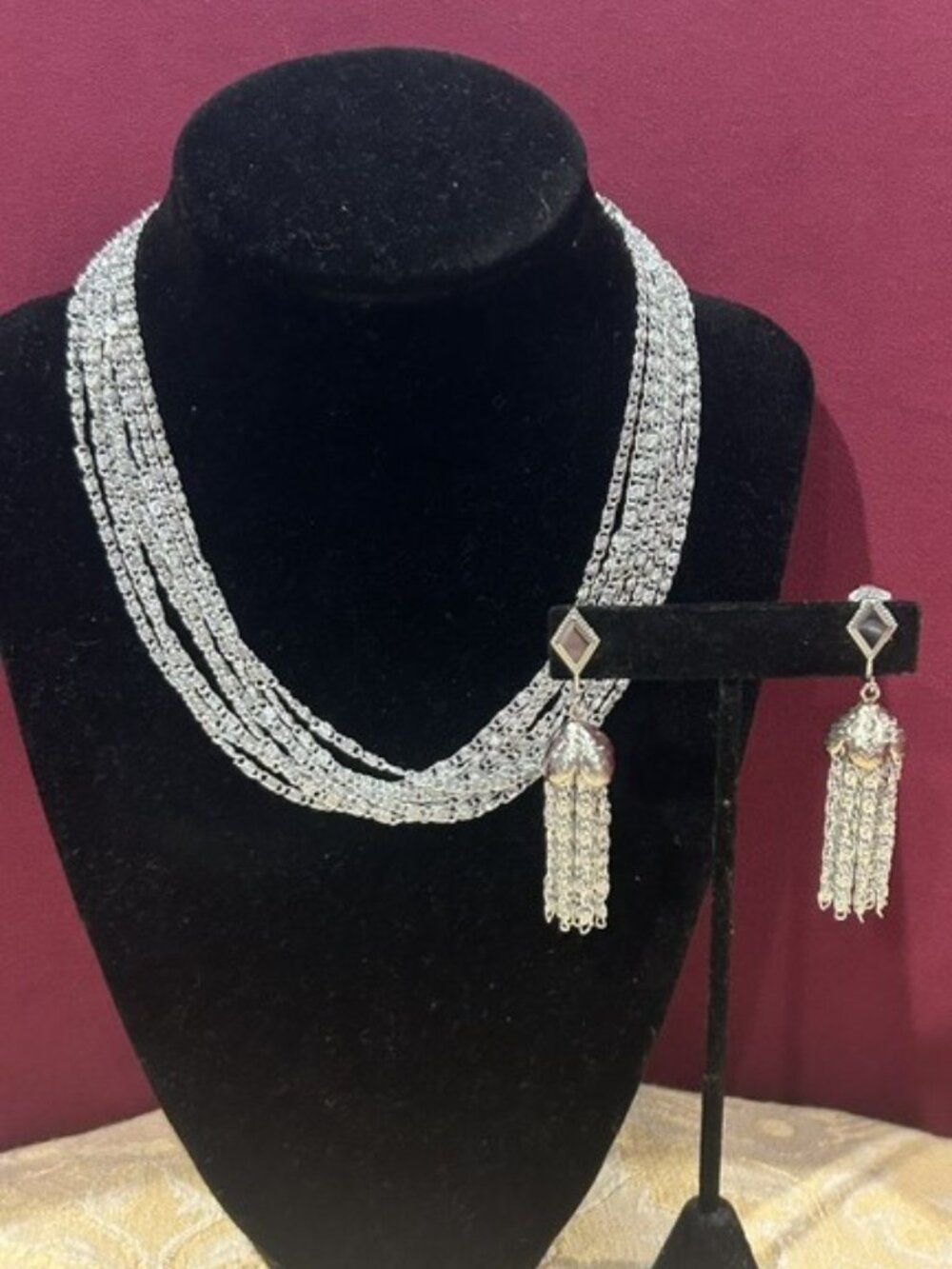 SARAH COVENTRY Multi-Strand Silver Choker Necklace Earrings SET